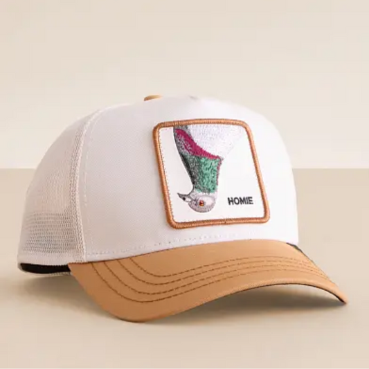White cap with brown bill featuring a duck design on a beige background